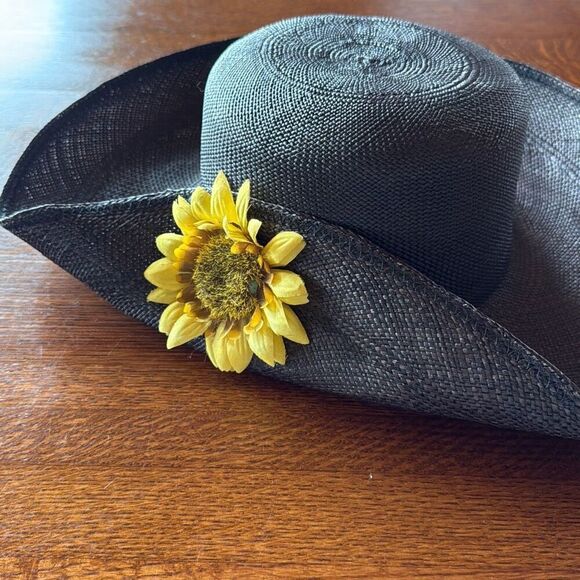 Vintage Black‎ Fine Weave Wide Brim Straw Hat Sunflower Women’s Size Medium main image 5